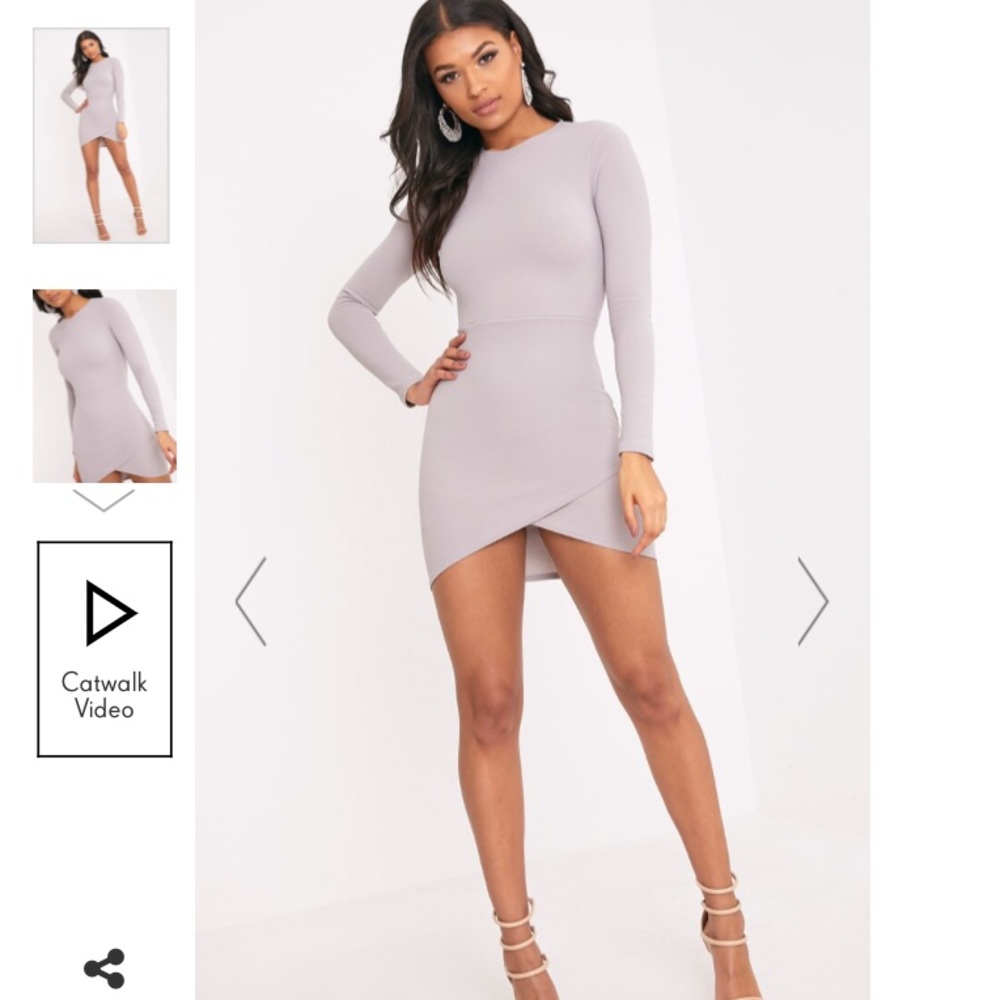 DOVE GREY LONG SLEEVE WRAP SKIRT BODYCON DRESS